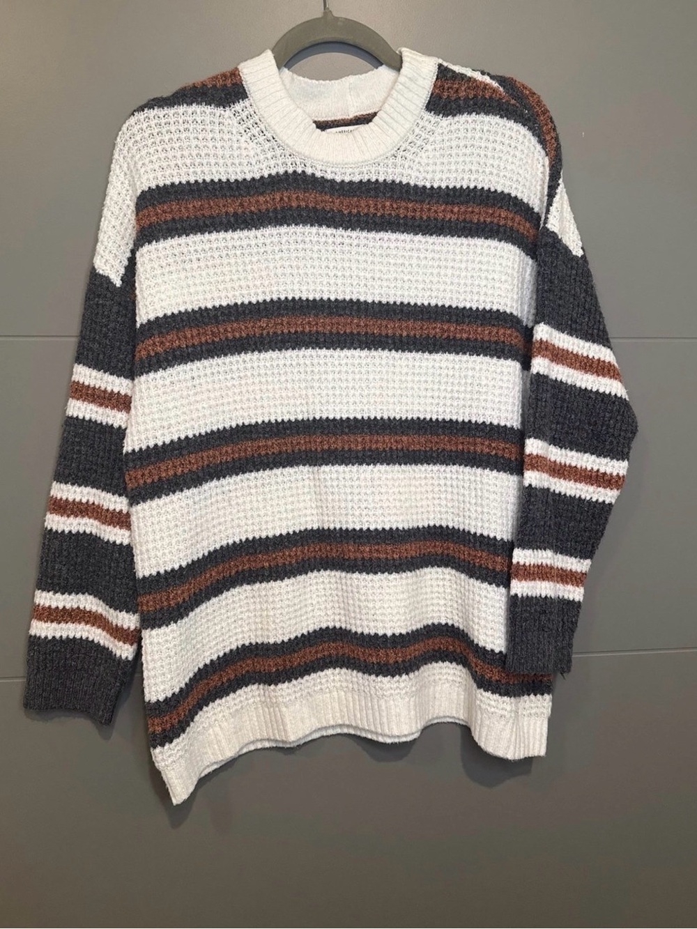 American Eagle Outfitters Striped Crewneck Sweater - White, Gray & Brown